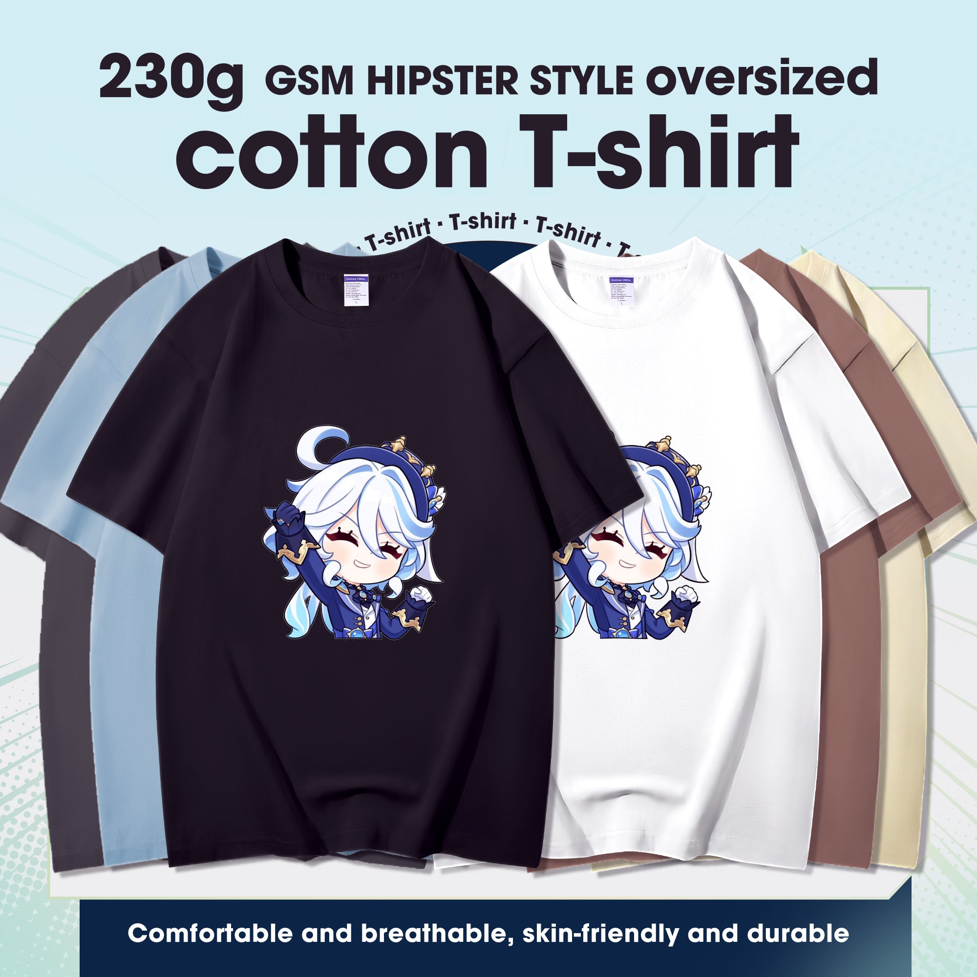 Fashion Anime Genshin Impact Furina 230g GSM Hipster Style Oversized Cotton T-shirt