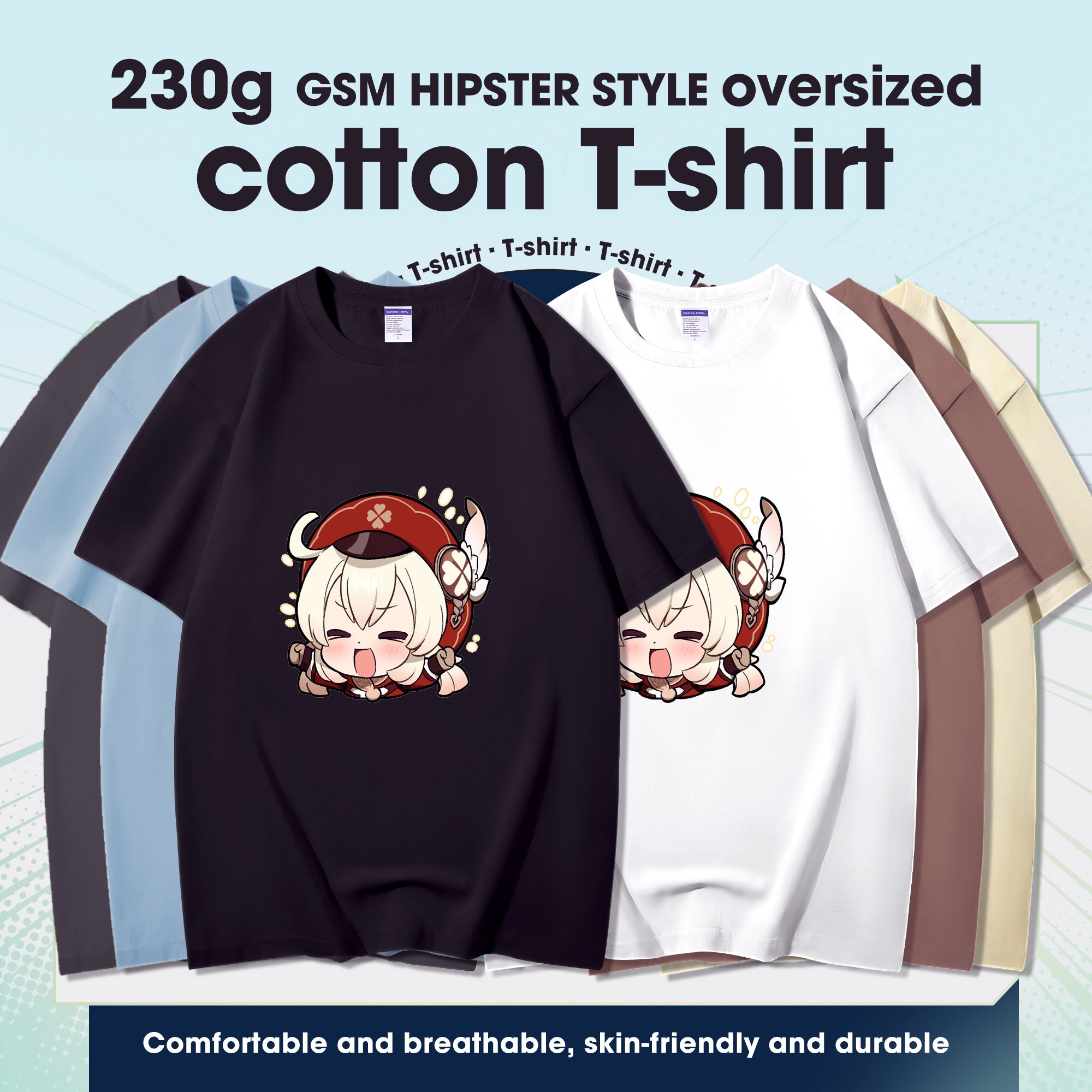 Fashion Anime Genshin Impact Klee 230g GSM Hipster Style Oversized Cotton T-shirt