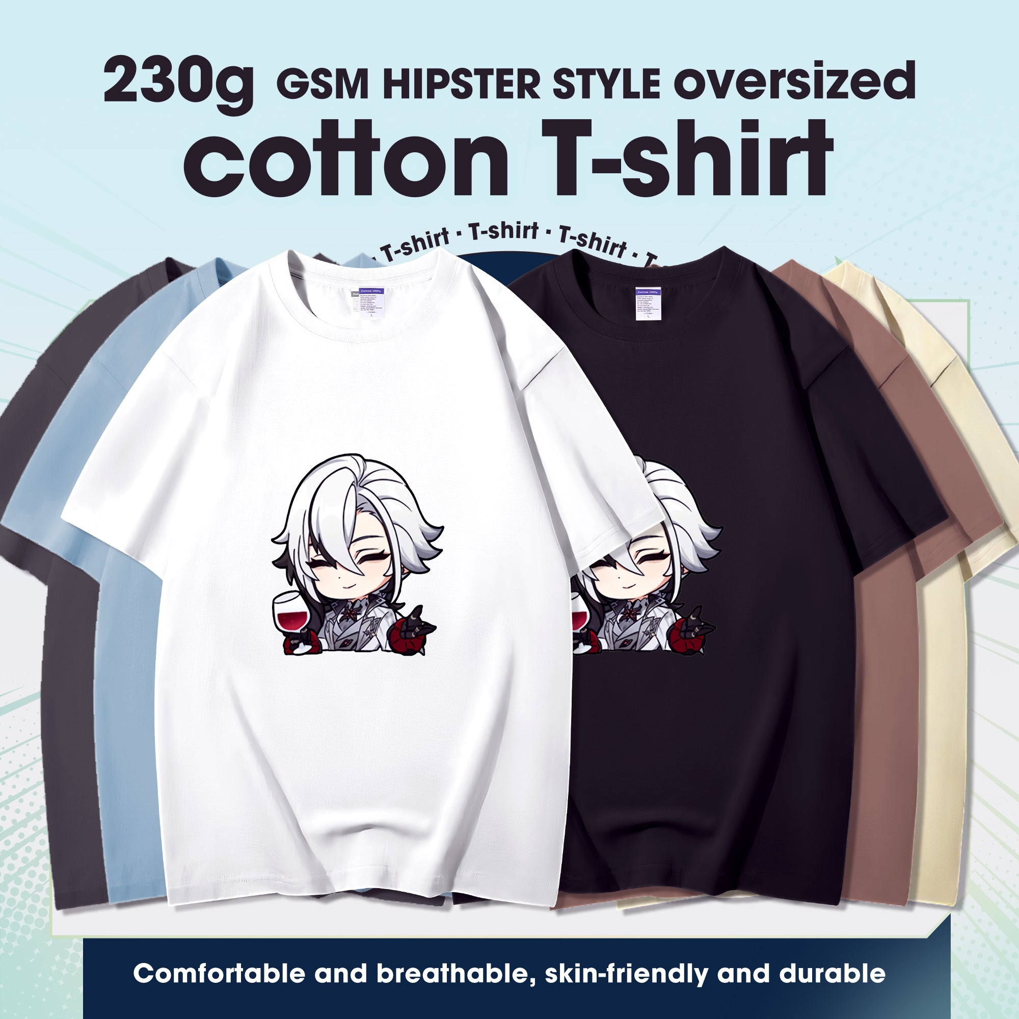 Fashion Anime Genshin Impact Arlecchino 230g GSM Hipster Style Oversized Cotton T-shirt