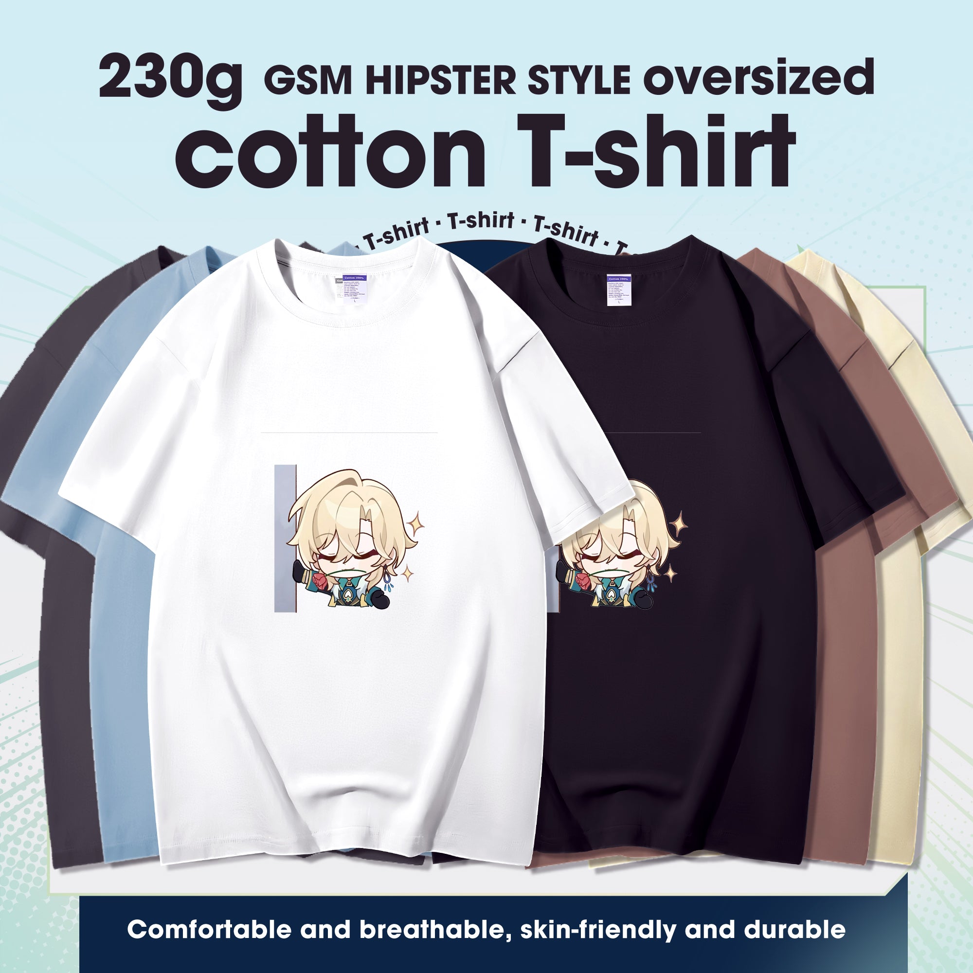 Fashion Anime Honkai Star Rail Aventurine 230g GSM Hipster Style Oversized Cotton T-shirt