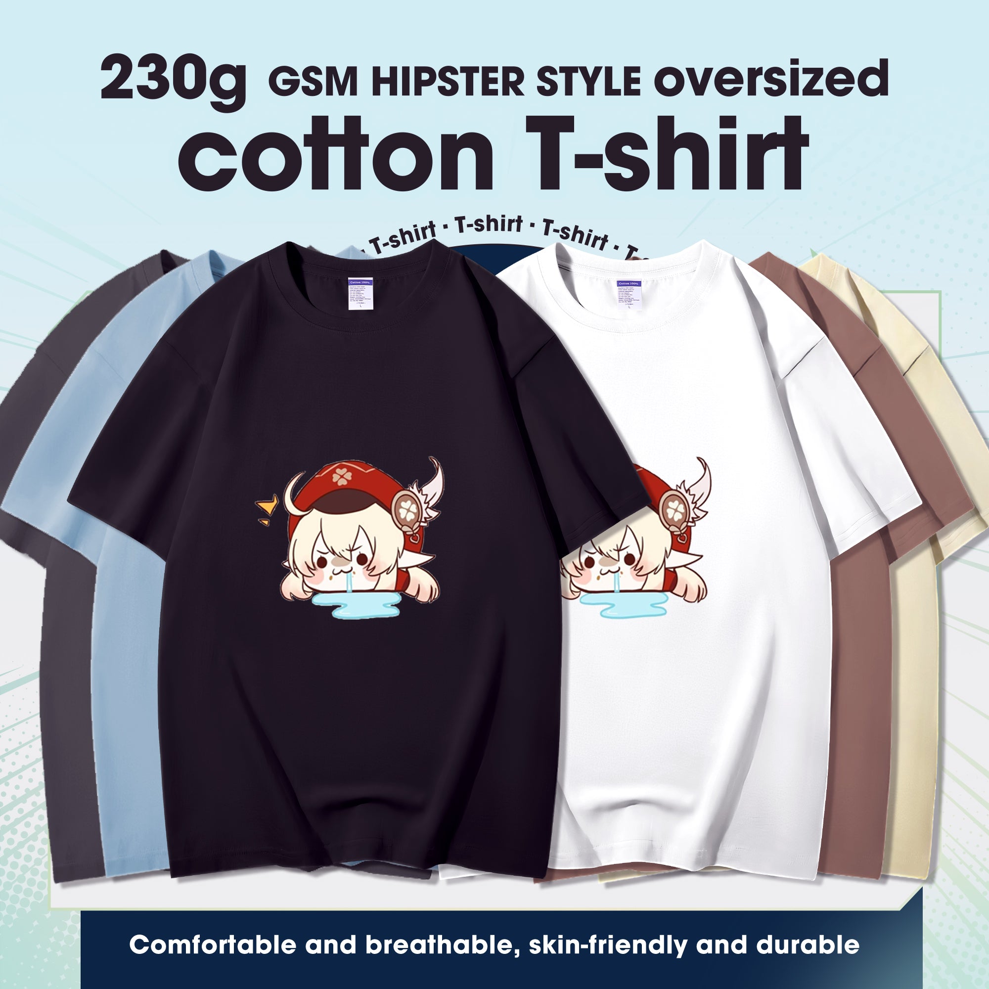 Fashion Anime Genshin Impact Klee 230g GSM Hipster Style Oversized Cotton T-shirt