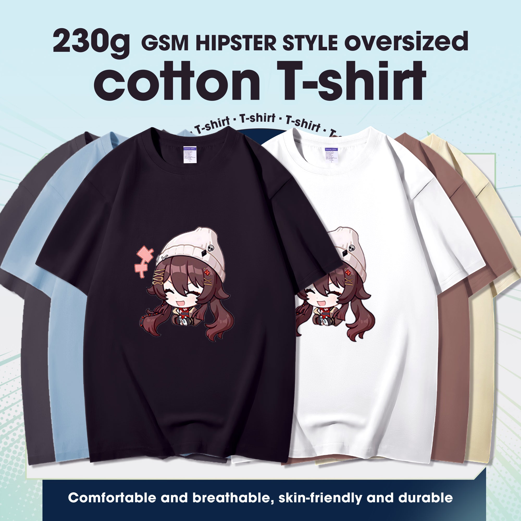 Fashion Anime Genshin Impact Hu Tao 230g GSM Hipster Style Oversized Cotton T-shirt