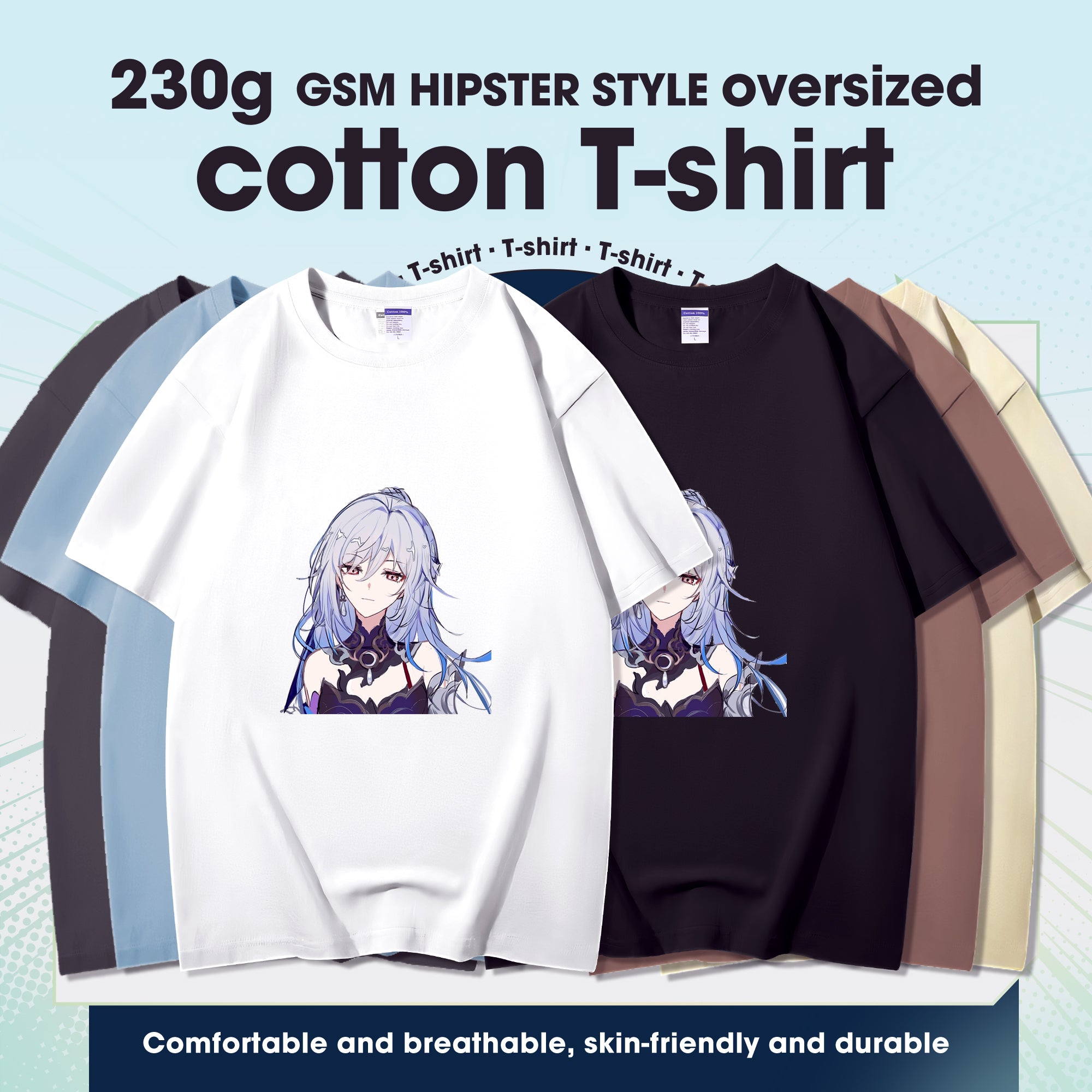 Fashion Anime Honkai Star Rail Jingliu 230g GSM Hipster Style Oversized Cotton T-shirt