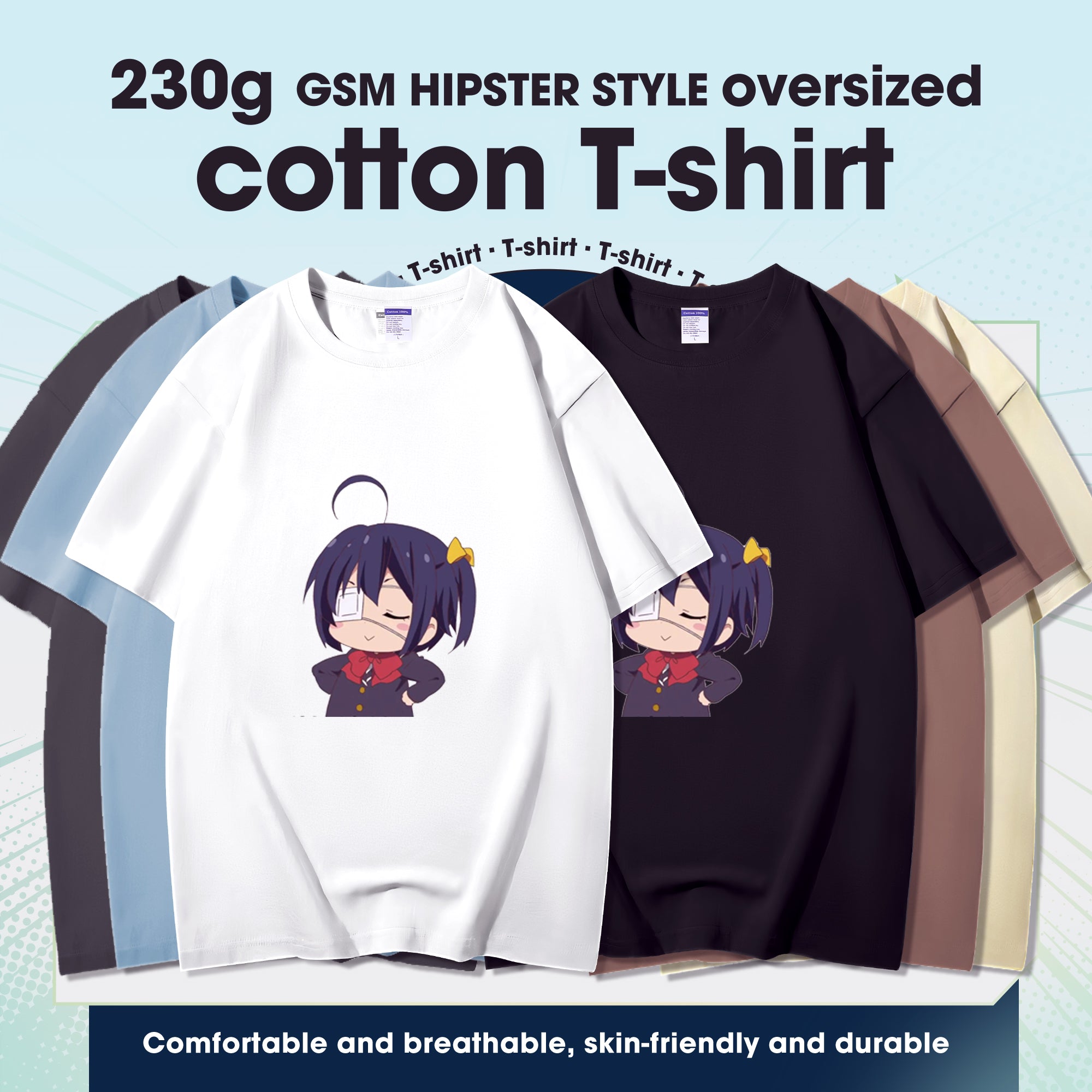Fashion Anime Chuunibyou demo koi ga shitai Takanashi Rikka 230g GSM Hipster Style Oversized Cotton T-shirt