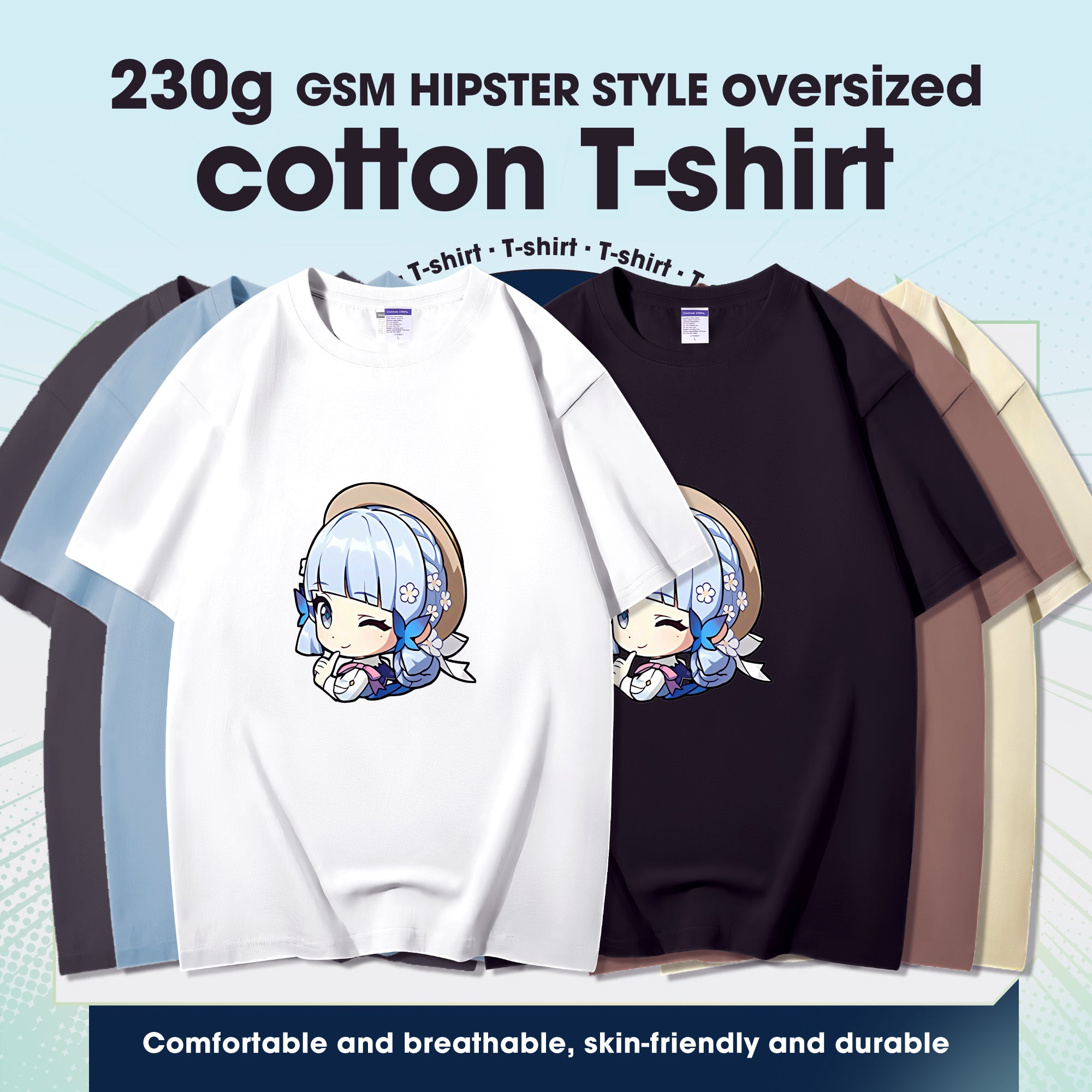 Fashion Anime Genshin Impact Kamisato Ayaka 230g GSM Hipster Style Oversized Cotton T-shirt