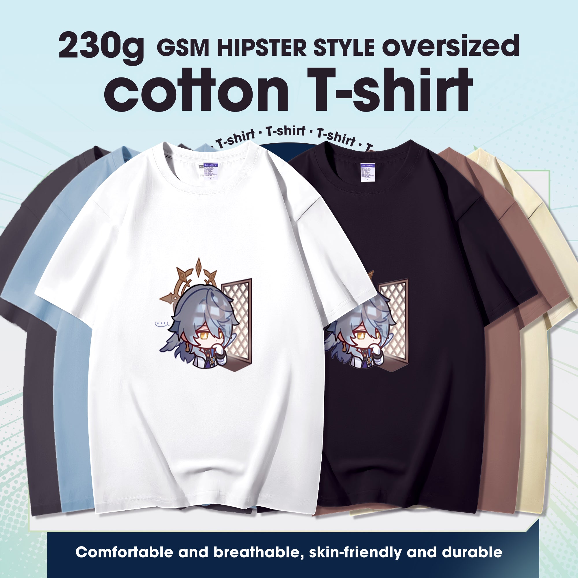 Fashion Anime Honkai Star Rail Sunday 230g GSM Hipster Style Oversized Cotton T-shirt