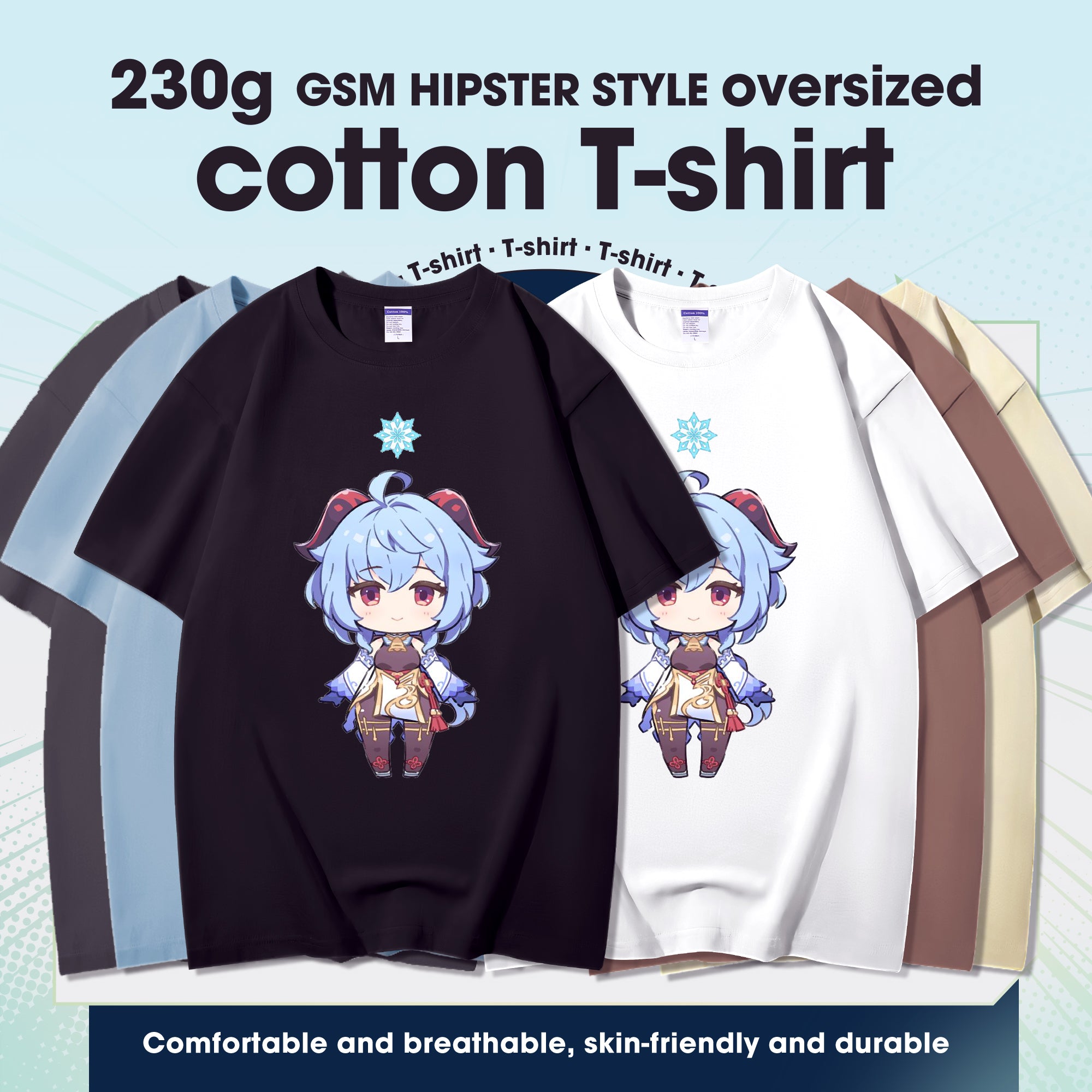 Fashion Anime Genshin Impact Ganyu 230g GSM Hipster Style Oversized Cotton T-shirt