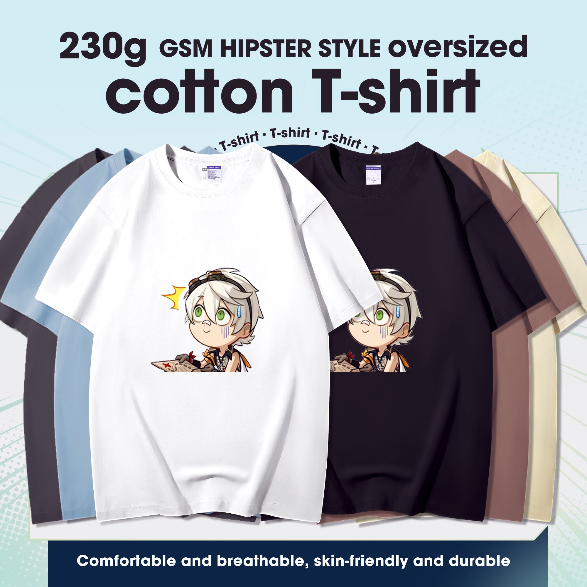Fashion Anime Genshin Impact Bennett 230g GSM Hipster Style Oversized Cotton T-shirt