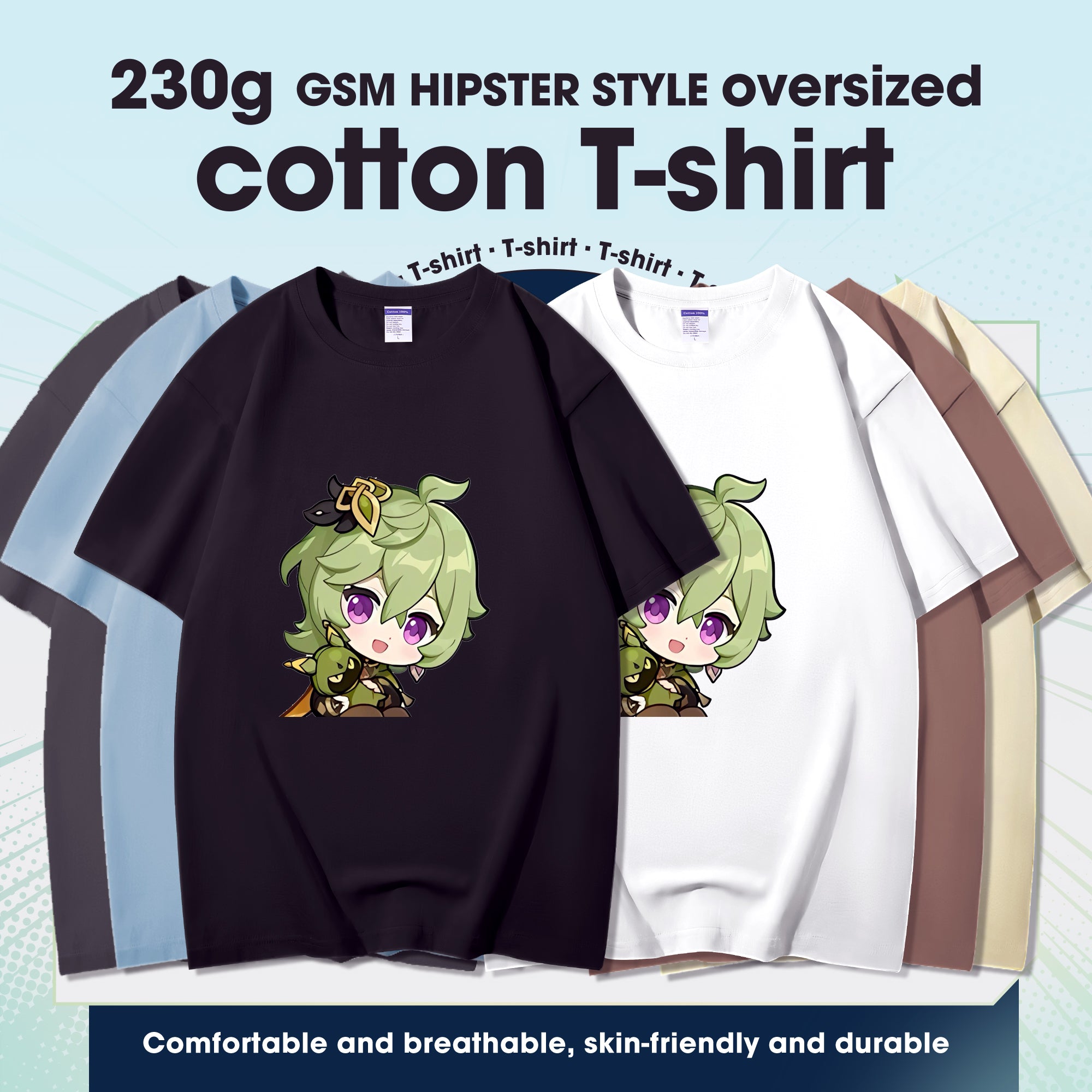 Fashion Anime Genshin Impact Collei 230g GSM Hipster Style Oversized Cotton T-shirt