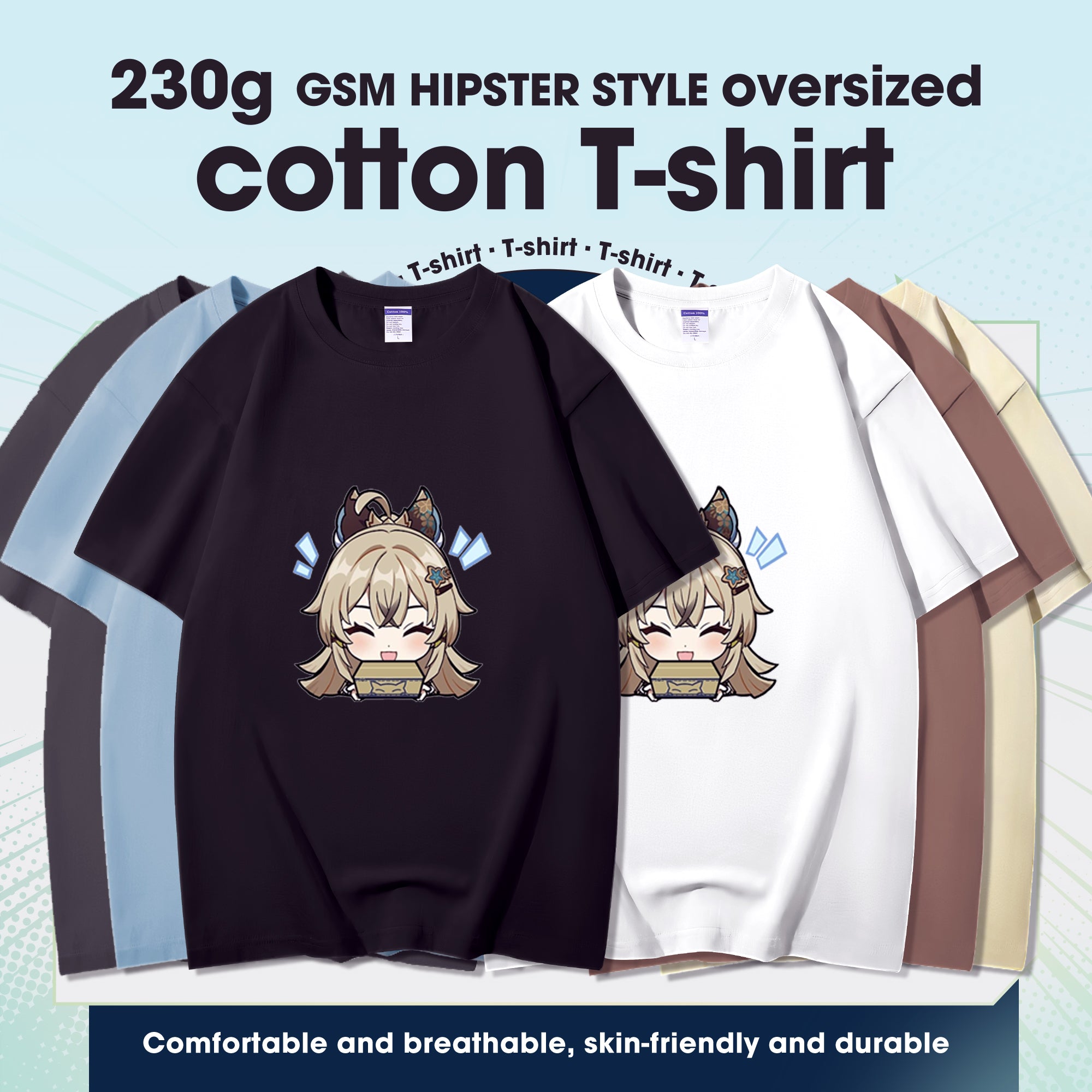 Fashion Anime Genshin Impact Kirara 230g GSM Hipster Style Oversized Cotton T-shirt