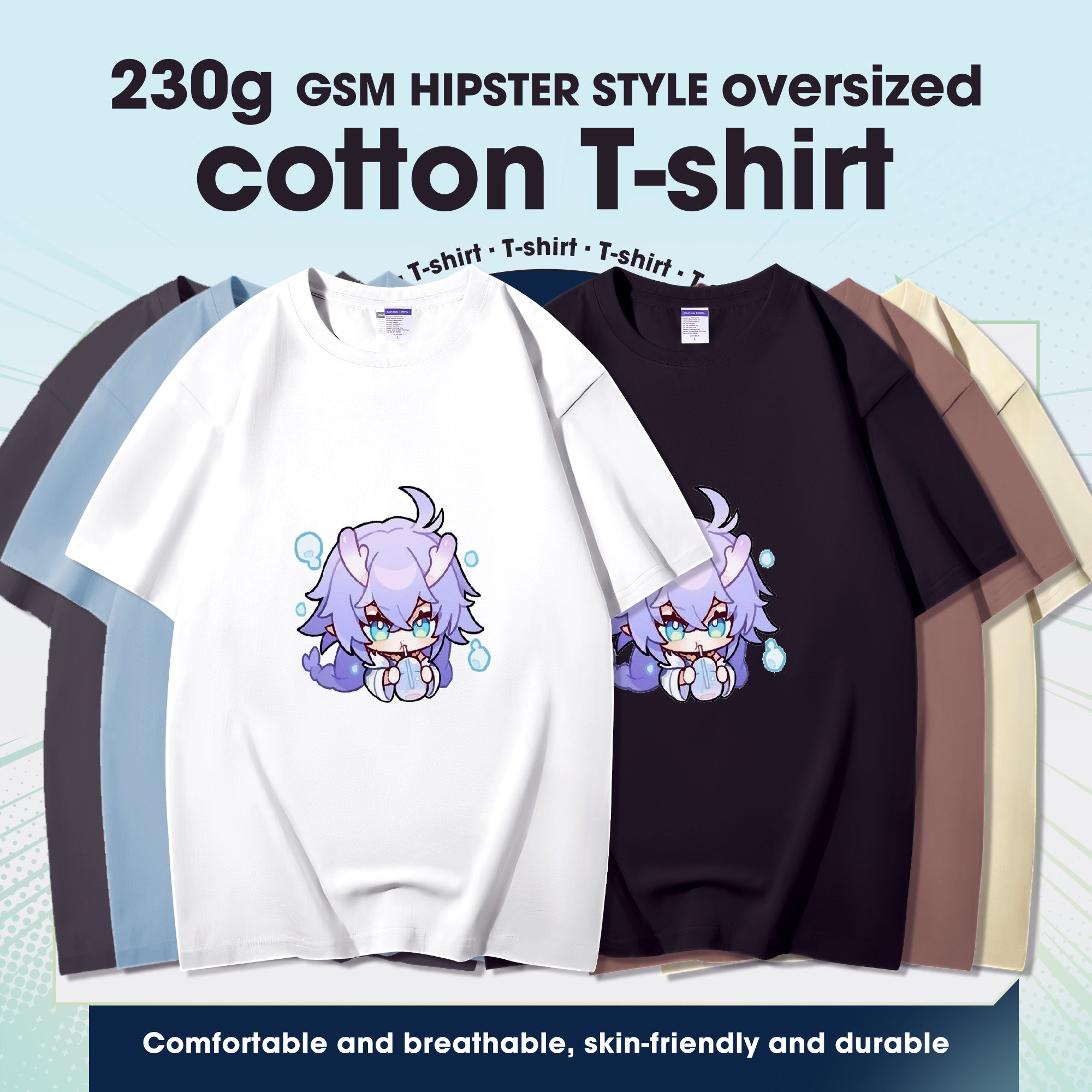 Fashion Anime Honkai Star Rail Bailu 230g GSM Hipster Style Oversized Cotton T-shirt