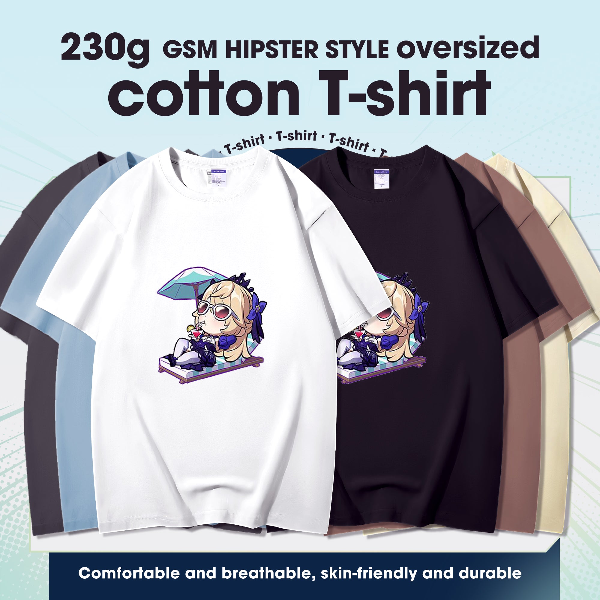 Fashion Anime Genshin Impact Fischl 230g GSM Hipster Style Oversized Cotton T-shirt