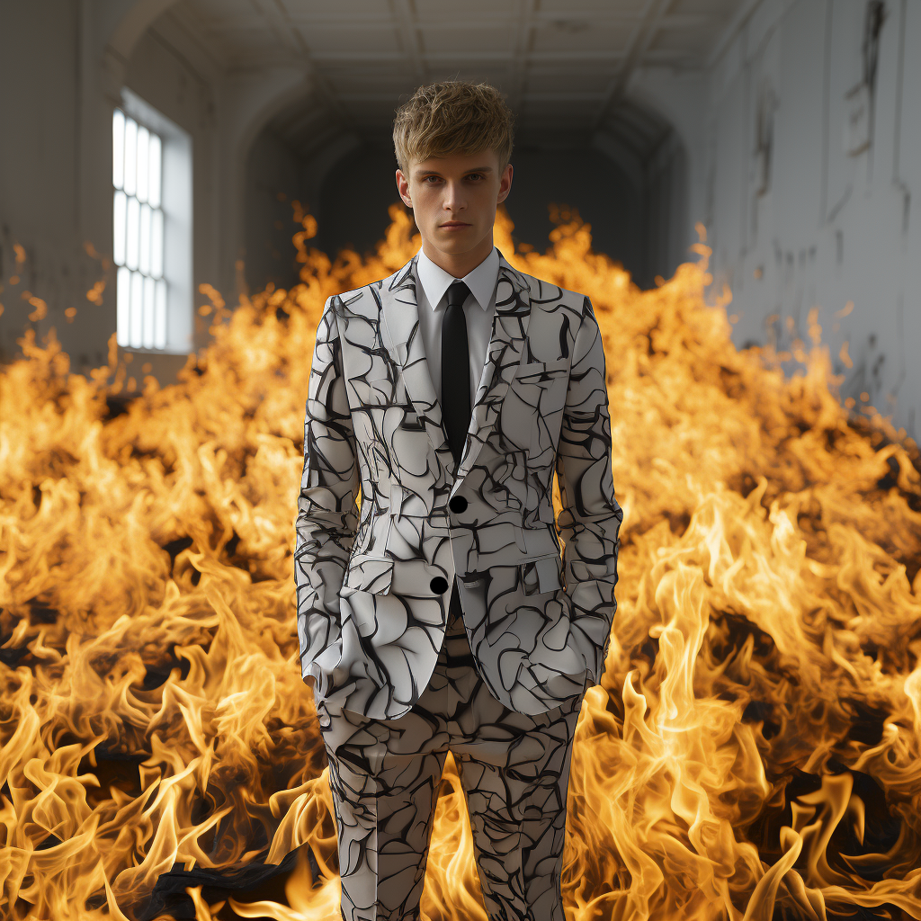 Rulercosplay Flame Mens 2 Piece Print Suit Floral Dress Jacket Slim 2 Button Blazer Pants For Party