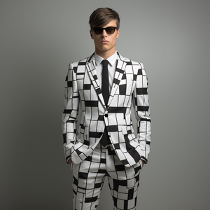 Rulercosplay Mens 2 Piece Suit Notched Lapel Lattice Jacket Slim 2 Button Blazer Pants For Party