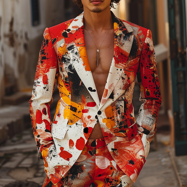 Rulercosplay Flame Mens 2 Piece Print Suit Floral Dress Jacket Slim 2 Button Blazer Pants For Party