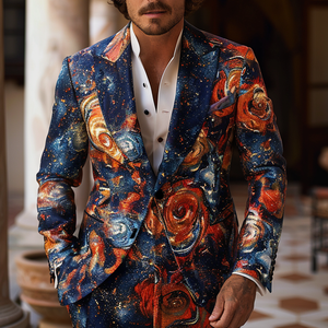 Rulercosplay Flame Mens 2 Piece Print Suit Floral Dress Jacket Slim 2 Button Blazer Pants For Party